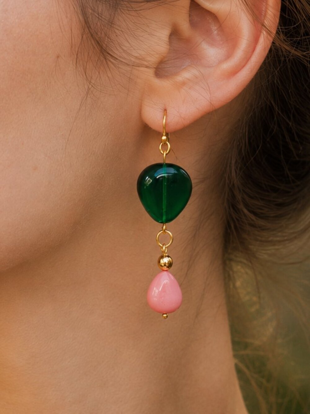 Retro Emerald Green & Pink Glass Dangle Earrings, 24k Gold Plated Stainless